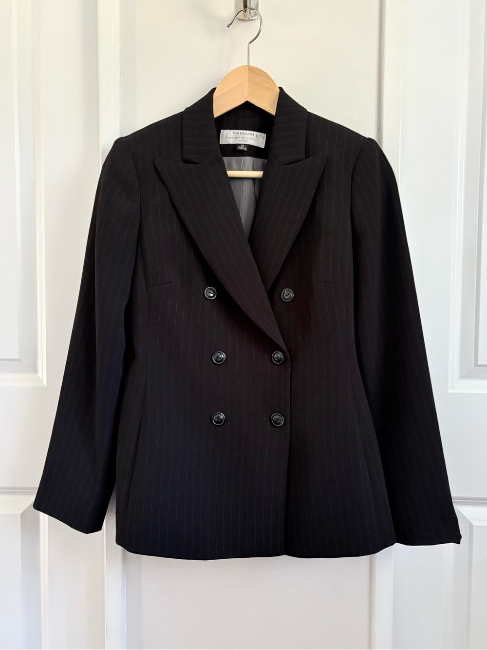 Tahari Pinstripe Double Breasted Tailored Blazer Black 2P Petite